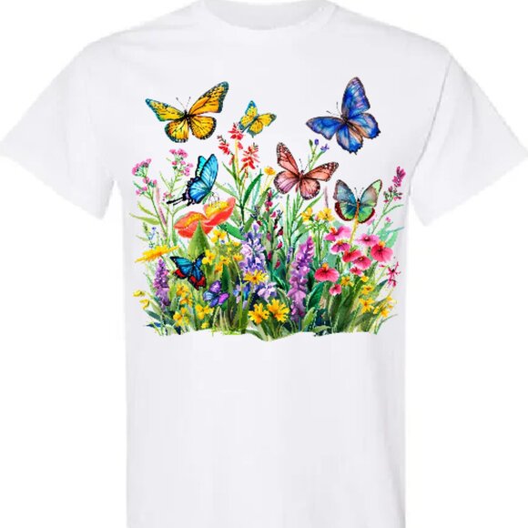Spring Landscape With Butterflies- Graphic Tee - Picture 2 of 2